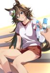  1girl 1other ahoge animal_ears bangs bottle breasts brown_hair feet_out_of_frame green_eyes gym_uniform hair_ornament hairclip hat head_tilt holding holding_bottle horse_ears horse_girl horse_tail long_hair looking_at_viewer mini_hat mini_top_hat misu_kasumi mr._c.b._(umamusume) out_of_frame pov pov_hands ramune red_shorts short_sleeves shorts sitting small_breasts smile solo_focus tail teeth top_hat umamusume 