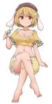  1girl animal_ears bangs barefoot blonde_hair breasts brown_headwear chups closed_mouth collarbone crossed_legs dango eating food frills hair_between_eyes hand_up hat highres large_breasts looking_to_the_side orange_shirt rabbit_ears red_eyes ringo_(touhou) shirt short_hair short_sleeves shorts simple_background smile solo t-shirt touhou wagashi white_background yellow_shorts 