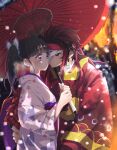  1boy 1girl animal_print black_hair blurry blurry_background breath butterfly_hair_ornament butterfly_print checkered_clothes colored_tips earrings eye_contact fire floral_print hair_ornament hand_on_another&#039;s_back hetero holding holding_umbrella japanese_clothes jewelry kamado_tanjirou kimetsu_no_yaiba kimono long_hair long_sleeves looking_at_another mask motion_blur multicolored_hair obi oil-paper_umbrella one_eye_covered profile purple_hair red_eyes redhead san_mon sash side_ponytail smile snowing streaked_hair surprised tsuyuri_kanao umbrella upper_body violet_eyes wide_sleeves winter 