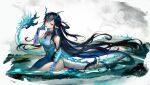  1girl absurdres arknights bare_shoulders barefoot black_hair blue_hair breasts china_dress chinese_clothes dragon_tail dress dusk_(arknights) earrings highres horns huangbanmimi jewelry long_hair pointy_ears red_eyes seiza sitting solo tail very_long_hair wading 