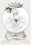 1boy 81kaia angel angel_wings bishounen child grey_eyes highres long_sleeves looking_at_viewer male_child male_focus off-shoulder_sweater off_shoulder original short_hair sitting snow_globe solo stuffed_animal stuffed_toy sweater teddy_bear wariza white_hair wings 