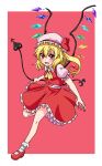  1girl ascot blonde_hair bobby_socks breasts buttons fang flandre_scarlet frilled_skirt frilled_sleeves frills full_body hair_between_eyes hat hat_ribbon holding jamikko319 laevatein_(touhou) looking_at_viewer mary_janes medium_hair mob_cap multicolored_wings open_mouth puffy_short_sleeves puffy_sleeves red_background red_eyes red_footwear red_ribbon red_skirt red_vest ribbon shirt shoes short_sleeves side_ponytail skirt skirt_set small_breasts socks solo touhou vest white_headwear white_legwear white_shirt wings yellow_ascot 