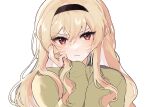 1girl bangs black_hairband blonde_hair bn_(b32607) closed_mouth commentary fingernails frown hair_between_eyes hairband hand_on_own_chin hand_up head_rest highres light_particles long_hair long_sleeves looking_at_viewer pink_eyes saijou_claudine shoujo_kageki_revue_starlight sidelocks simple_background sleeves_past_wrists solo sweater turtleneck turtleneck_sweater upper_body v-shaped_eyebrows wavy_hair white_background yellow_sweater 