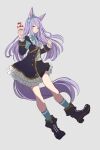  1girl absurdres amano_haruka_(sakogamitokuan) animal_ears blush boots commentary_request full_body grey_background highres horse_ears horse_girl horse_tail looking_at_viewer mejiro_mcqueen_(umamusume) parfait purple_hair simple_background solo spoon standing tail umamusume violet_eyes 