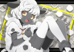  1boy animal_ears black_skin coat colored_skin looking_to_the_side male_focus open_mouth original personification pml sheep sheep_boy sheep_ears short_hair short_sleeves sitting smile solo thigh-highs white_hair wool yellow_eyes 