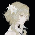  1girl black_background blonde_hair flower genshin_impact hair_flower hair_ornament highres lumine_(genshin_impact) portrait shirone_(coxo_ii) short_hair_with_long_locks simple_background solo white_flower 