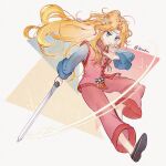  1girl absurdres alternate_costume baggy_pants bandana blonde_hair celes_chere chinese_clothes final_fantasy final_fantasy_vi hanaon highres holding holding_sword holding_weapon jian_(weapon) long_hair medal pants square_enix sword wavy_hair weapon 