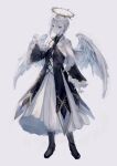  1boy androgynous angel angel_wings boots colored_skin dress facing_to_the_side full_body grey_background grey_eyes grey_hair halo highres long_sleeves looking_to_the_side male_focus mishiro_(iromishiro) nail_polish original pointy_ears solo white_hair white_skin wings 