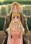  1boy 1girl ahoge bangs blonde_hair blue_eyes blurry blush bokeh brown_hair coat cowboy_shot day depth_of_field dress earrings edward_elric fullmetal_alchemist ground_vehicle height_difference hetero highres jewelry korean_commentary long_hair long_sleeves looking_at_another looking_at_viewer looking_away looking_down parted_bangs pinafore_dress ponytail sidelocks smile swept_bangs tosisulsa train turtleneck winry_rockbell yellow_eyes 