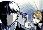 1boy 1girl black_hair blonde_hair brown_eyes closed_mouth eyelashes fullmetal_alchemist grey_jacket gun highres holding holding_gun holding_weapon jacket long_eyelashes lower_teeth open_clothes open_jacket open_mouth ozaki_(tsukiko3) painterly pointing_weapon red_eyes riza_hawkeye roy_mustang short_hair sleeves_rolled_up teeth tongue upper_body weapon wide-eyed zipper 