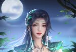  1girl absurdres armor black_hair branch collar doupo_cangqiong earrings face falling_leaves hair_ornament highres jewelry leaf long_hair moon night open_mouth shiny shiny_hair solo tassel tassel_earrings teeth xie_ling yun_yun_(doupo_cangqiong) 