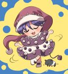  1girl animal black_dress blue_hair blush doremy_sweet dress full_body hair_between_eyes hat multicolored_clothes multicolored_dress nightcap open_mouth pom_pom_(clothes) red_headwear rokugou_daisuke short_hair signature smile solo tail tapir tapir_tail touhou white_dress white_footwear 