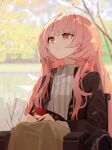  1girl absurdres arknights bangs brown_eyes character_doll exusiai_(arknights) halo highres lemuen_(arknights) long_hair outdoors photo_background pink_hair qian_zhuan_du_heng sitting smile solo wheelchair 