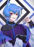  1boy animal_ears blue_hair cat_boy cat_ears chocolate4170615 ear_piercing fangs highres jacket jewelry long_sleeves looking_at_viewer male_focus nail_polish open_mouth original piercing ring short_hair sleeves_past_wrists solo tongue tongue_out turtleneck violet_eyes 