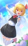  1girl absurdres black_skirt black_vest blonde_hair collared_shirt fang harunoha highres long_sleeves medium_hair necktie outstretched_arms red_eyes red_necktie rumia shirt skirt skirt_set solo spread_arms thigh-highs touhou vest white_legwear white_shirt 