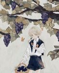 1boy ammm_ago blonde_hair bug butterfly earrings food fruit grapes grey_background highres jewelry long_sleeves looking_at_viewer low_ponytail male_focus original pointing ponytail short_hair shorts sketch solo tree white_background yellow_eyes 