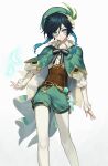  1boy absurdres androgynous bangs beret black_hair blue_hair braid brooch cape closed_mouth collared_cape collared_shirt commentary eyebrows_behind_hair feathers feet_out_of_frame frilled_sleeves frills genshin_impact gradient gradient_background gradient_hair green_cape green_eyes green_headwear green_shorts grey_background hair_between_eyes hat highres itou_(very_ito) jewelry juliet_sleeves legs legwear_under_shorts long_bangs long_sleeves looking_at_viewer male_focus multicolored_hair pantyhose puffy_sleeves shirt shorts smile solo standing swept_bangs twin_braids underbust venti_(genshin_impact) vision_(genshin_impact) white_shirt 