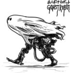  character_name ghost_costume greyscale highres mechanical_parts mizuno_shinya monochrome no_humans original robot running simple_background sketch solo torn torn_clothes tube white_background 