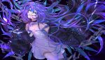  1girl absurdres blue_eyes blue_hair chocolate4170615 choker dress facing_to_the_side highres jacket long_hair long_sleeves looking_to_the_side multicolored_hair open_mouth original purple_hair sky solo star_(sky) starry_sky thigh-highs very_long_hair white_dress 