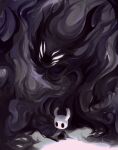  2others black_background darkness extra_eyes funeralll_black grey_cloak highres holding holding_weapon hollow_eyes hollow_knight knight_(hollow_knight) multiple_others no_humans standing void_entity_(hollow_knight) weapon 