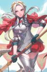  1girl axe cape closed_mouth edelgard_von_hresvelg fire_emblem fire_emblem:_three_houses fire_emblem_warriors:_three_hopes gloves hair_ornament hair_ribbon highres long_hair long_sleeves looking_at_viewer official_alternate_costume official_alternate_hairstyle radiostarkiller red_cape ribbon simple_background skirt smile solo violet_eyes white_hair 