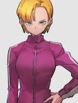  1girl android_18 bangs blue_eyes brown_hair closed_mouth dragon_ball dragon_ball_super earrings grey_background hand_on_hip jacket jewelry kemachiku long_sleeves looking_at_viewer parted_bangs pink_jacket short_hair solo track_jacket zipper 