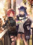  2girls ;d absurdres arknights bangs blue_eyes blue_hair bowl breasts eating exusiai_(arknights) eyewear_on_head food fruit fur_trim gloves hair_over_one_eye highres horns huangbanmimi jacket looking_at_viewer mostima_(arknights) multiple_girls off_shoulder one_eye_closed pouch redhead shorts smile sunlight thigh_strap yellow_eyes 