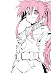  1girl arche_klein belt closed_mouth earrings elbow_gloves gloves jewelry long_hair looking_at_viewer neko_(hansinn) pink_eyes pink_hair ponytail simple_background smile solo tales_of_(series) tales_of_phantasia white_background wide_ponytail 