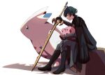  1boy ahoge armor bangs black_footwear boots byleth_(fire_emblem) byleth_eisner_(male) cape closed_mouth commentary_request crossover fire_emblem fire_emblem:_three_houses gloves green_eyes green_hair highres kirby kirby_(series) ktyon3 male_focus pokemon pokemon_(creature) short_hair sitting stone sword togekiss weapon white_background 