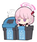  1girl arrow_(symbol) bangs blue_archive chibi eimi_(blue_archive) emphasis_lines halo headphones headphones_around_neck in_container jitome long_hair necktie nyaru_(nyaru_4126) pink_hair recycling_symbol red_necktie simple_background solo trash_bag violet_eyes white_background 