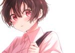  1boy backpack bag blush brown_hair collared_shirt looking_to_the_side male_focus open_mouth original pink_eyes pink_shirt shino_(shino1028) shirt short_hair solo strap white_background 