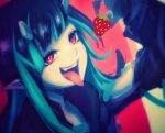  1girl bangs black_hair black_jacket blue_hair commentary_request demon_horns food fruit highres holding holding_food holding_fruit horns jacket long_hair long_sleeves looking_at_viewer multicolored_hair open_mouth pointy_ears red_background red_eyes shishio_chris smile solo strawberry sugar_lyric tengu_nimuru tongue tongue_out two-tone_hair upper_body virtual_youtuber 