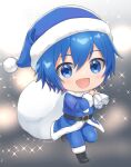  1boy :d bangs belt blue_eyes blue_hair blush boots chibi christmas fur_collar fur_trim hands_up hat holding holding_sack kaito_(vocaloid) kikuchi_mataha long_sleeves looking_at_viewer open_mouth over_shoulder pom_pom_(clothes) sack santa_costume santa_hat short_hair smile solo sparkle standing standing_on_one_leg vocaloid 