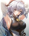  1girl adjusting_hair ahoge armpits arms_behind_head bell blue_hair bodystocking breasts cowbell detached_sleeves ganyu_(genshin_impact) genshin_impact goat_horns hairband horns low_ponytail medium_breasts mouth_hold sidelocks silence_girl upper_body violet_eyes white_sleeves 