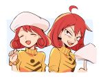  1girl ace_attorney beret bracelet closed_eyes hat highres holding holding_clothes holding_hat ini_miney jewelry multiple_views nono_(norabi) open_mouth phoenix_wright:_ace_attorney_-_justice_for_all redhead solo sweater white_headwear yellow_sweater 