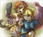  2girls angel_wings blonde_hair blue_dress breasts breath_of_fire breath_of_fire_ii bridal_gauntlets brown_eyes capcom cat_girl dress green_eyes long_hair multiple_girls nina_(breath_of_fire_ii) phone puffy_sleeves purple_wings redhead rinpoo_chuan selfie sicky_(pit-bull) tail tiger_tail v wings 