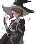  absurdres arms_up asymmetrical_bangs bangs bracelet breasts cape closed_mouth commission commissioner_upload fire_emblem fire_emblem_awakening glasses hat heart highres jewelry large_breasts leather looking_at_viewer mariirasuto7 miriel_(fire_emblem) non-web_source red_eyes redhead solo turtleneck upper_body witch_hat 