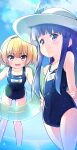  2girls absurdres arms_behind_back ass_visible_through_thighs bare_shoulders blonde_hair blue_hair blue_swimsuit clouds fang flat_chest furude_rika hat hazumi_otoya highres higurashi_no_naku_koro_ni houjou_satoko innertube leaning_forward long_hair multiple_girls name_tag old_school_swimsuit one-piece_swimsuit open_mouth outdoors school_swimsuit short_hair sky smile sun_hat swimsuit thighs violet_eyes wading white_headwear 