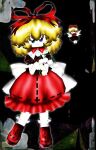  1girl blonde_hair blue_eyes bow brown_shirt bubble_skirt doll flower looking_at_viewer medicine_melancholy nostalplant phantasmagoria_of_flower_view puffy_short_sleeves puffy_sleeves red_bow red_footwear red_ribbon red_skirt ribbon shirt short_hair short_sleeves skirt smile touhou white_flower white_ribbon 