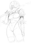  1girl ass_visible_through_thighs blindfold brashear_lushert cleavage_cutout clothing_cutout covered_navel fur_trim grey_background greyscale hatching_(texture) highres holding holding_sword holding_weapon katana leotard monochrome nier_(granblue_fantasy) nier_(series) puffy_sleeves short_hair simple_background sketch skindentation solo sword thigh-highs turtleneck weapon yorha_no._2_type_b 