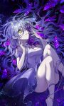  1girl absurdres black_background chocolate4170615 crying crying_with_eyes_open dress gem green_eyes highres one_eye_covered original purple_gemstone purple_hair short_dress solo starry_background tears thighs wavy_hair yellow_eyes 