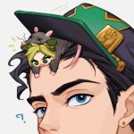  1boy 1girl :o ? animal_costume bangs big_mouth blue_eyes braid braided_bun chibi chibi_on_head double_bun earrings fake_tail father_and_daughter ginmu green_eyes green_hair hair_bun hat jewelry jojo_no_kimyou_na_bouken kujo_jolyne kujo_jotaro looking_down looking_up mouse_costume multicolored_hair notice_lines on_head parted_bangs short_hair star_(symbol) star_print stone_ocean stud_earrings tail thick_eyebrows two-tone_hair x_x 