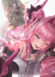  1girl absurdres arknights arknights:_endfield ass bare_shoulders black_gloves black_horns blue_eyes breasts commentary_request diamond_in_eye dragon_girl dragon_horns dragon_tail gloves hair_on_horn highres horns large_breasts long_hair looking_at_viewer multicolored_hair multicolored_horns nekoplanetouo open_mouth pants pink_hair pink_horns pink_sleeves pointy_ears solo streaked_hair tail two-sided_gloves two-tone_horns white_pants yvonne_(arknights) 
