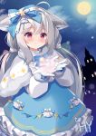  1girl absurdres ahoge animal_ear_fluff animal_ears bangs blue_dress blush bow cape closed_mouth clouds cowboy_shot dress dress_bow fengshen_chino fox_ears fox_girl frilled_dress frills full_moon fur_trim gloves grey_hair hair_bow hair_over_shoulder highres long_hair long_sleeves low_twintails moon night original outdoors red_eyes sidelocks sky smile solo star_(sky) starry_sky twintails very_long_hair white_dress white_gloves 