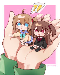  !? 2girls ahoge aqua_bow aqua_bowtie asymmetrical_legwear black_cardigan black_socks black_thighhighs blue_eyes blue_sailor_collar blue_skirt bow bowtie broken_heart broken_heart_hair_ornament broom1216 cardigan chibi commentary dress_shirt english_commentary evil_neuro-sama from_side grey_skirt hair_between_eyes hair_ornament hair_ribbon heart heart_hair_ornament highres long_sleeves mini_person minigirl miniskirt multiple_girls neuro-sama open_mouth pleated_skirt red_bow red_bowtie red_eyes red_ribbon ribbon sailor_collar shirt single_sock single_thighhigh sitting skirt socks speech_bubble thigh-highs two_side_up uneven_legwear vedal987 vedal_ai white_shirt yellow_cardigan 