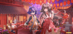  2girls absurdres belle_(zenless_zone_zero) blue_hair chinese_clothes chinese_new_year commentary_request food hair_ornament hairband highres holding holding_food holding_hands lantern long_hair mihoyo multiple_girls ningmeng_jing_jing_jing_jing paper_lantern red_eyes short_hair tanghulu ye_shunguang zenless_zone_zero 