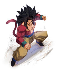  1boy abs aquiline_nose black_hair blue_leg_warmers blue_sash body_fur commentary_request dragon_ball dragon_ball_gt fighting_stance highres leg_warmers long_hair male_focus monkey_boy monkey_tail muscular muscular_male nose pants pectorals red_fur sash simple_background smirk solo son_goku spiky_hair super_saiyan super_saiyan_4 tail yellow_pants yuuri_(fukuroudou) 