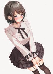  1girl black_bow black_bowtie black_skirt black_thighhighs blush bow bowtie breasts buttons cherry_blossoms commentary_request cowboy_shot embarrassed flying_sweatdrops frilled_shirt frilled_skirt frills garter_straps grey_background hair_ornament highres layered_skirt long_sleeves looking_to_the_side medium_hair minato_ojitan original pink_shirt shirt simple_background skirt small_breasts solo standing thigh-highs x_hair_ornament 