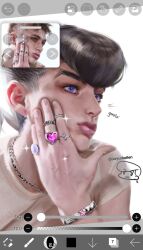  2boys black_hair bracelet chain chain_necklace commentary diamond_wa_kudakenai earrings heart higashikata_josuke highres ibispaint_(medium) jewelry jojo_no_kimyou_na_bouken lips male_focus multiple_boys multiple_rings necklace pompadour portrait reference_inset ring sayurkailen screenshot shirt short_sleeves signature solo sparkle stud_earrings violet_eyes white_shirt 