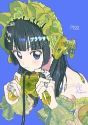  1girl absurdres black_hair blue_background blue_eyes bonnet cable cd controller frilled_bonnet frills game_console game_controller highres holding holding_controller holding_game_controller jewelry kagenoyuhi long_hair looking_at_viewer memory_card multiple_rings original personification playstation_2 playstation_controller ring solo 